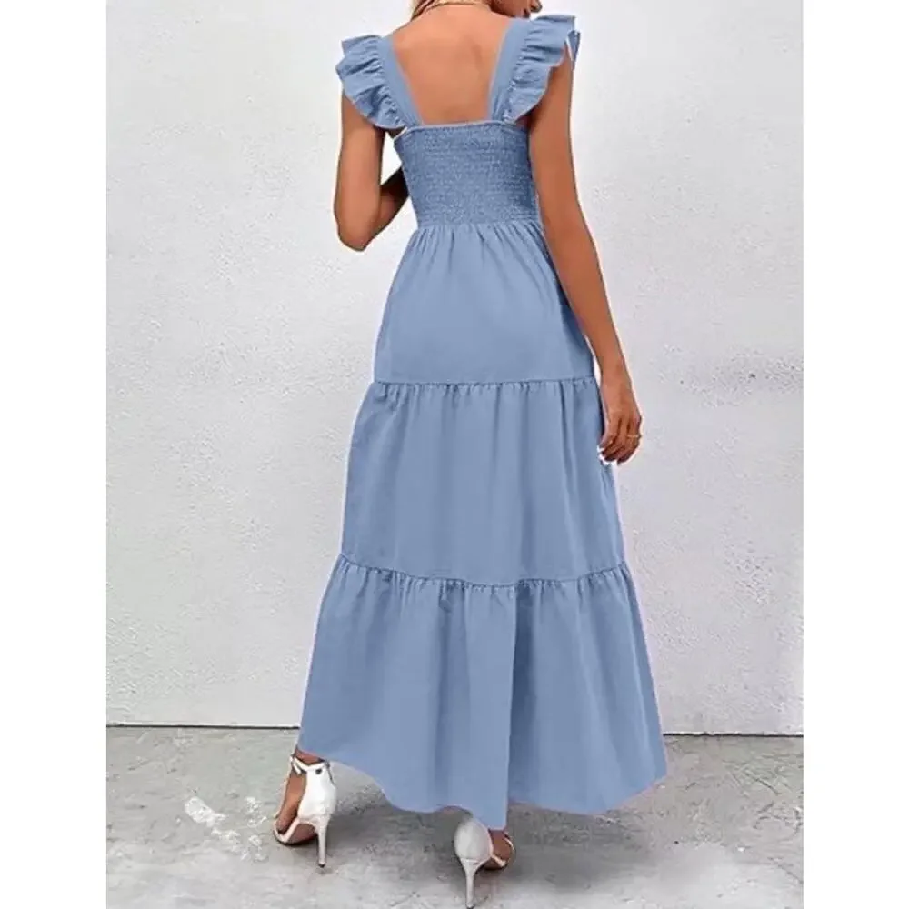 Tiered Smocked Dress Womens Size Small Blue High Waisted ‎ Fairy Summer Sundress